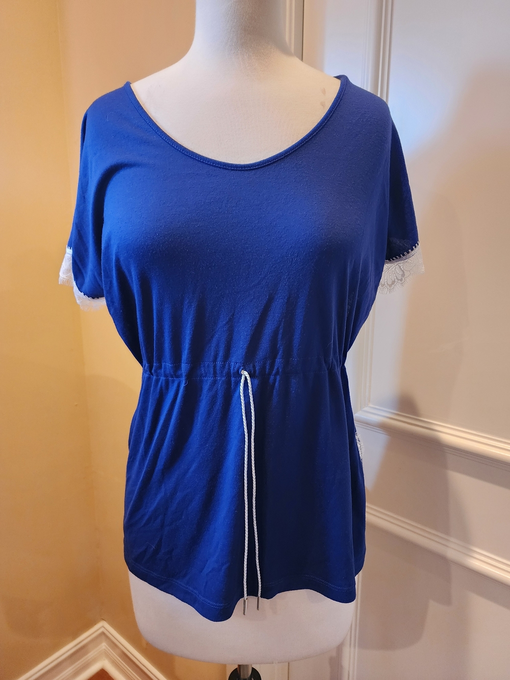Charter Club Royal Blue Drawstring Waist Top with Lace Trim